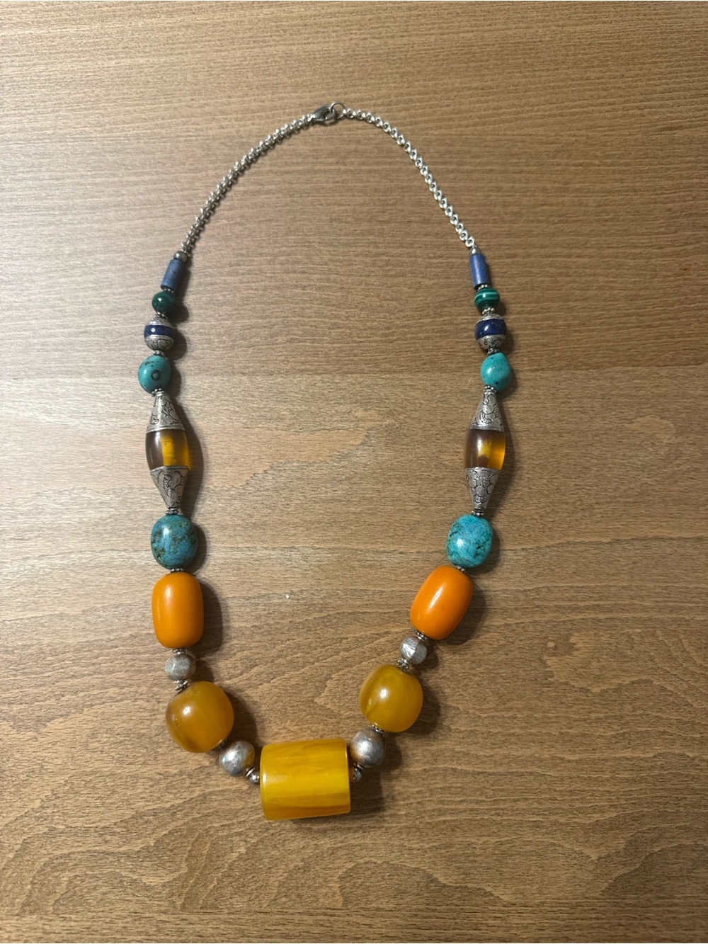 Turquoise & Amber Beaded Statement Necklace - Vibrant Yellow and Teal